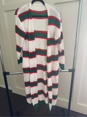 Long Open-Front Knit Cardigan Sweater - White with Green & Red Stripes
